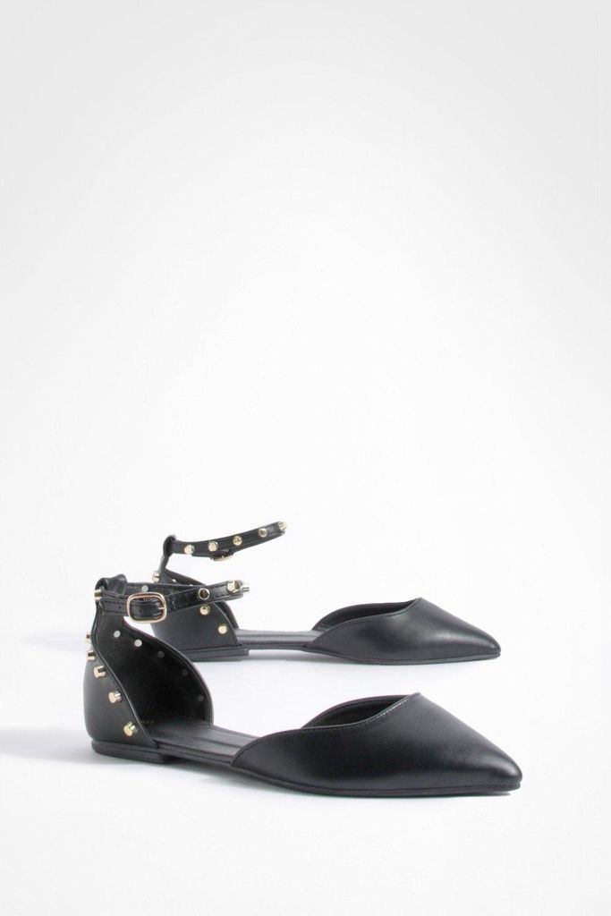 Womens Wide Fit Studded Ankle Strap Pointed Flats - Black - 5, Black