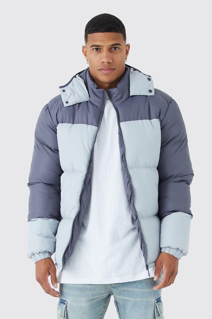 Men's Colour Block Quilted Puffer With Hood - Grey - S, Grey