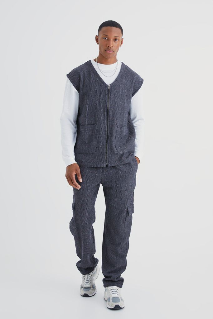 Men's Herringbone Utility Vest And Cargo Trouser Set - Grey - S, Grey