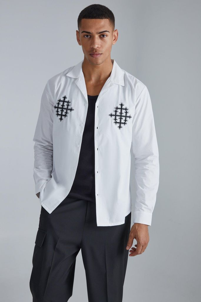 Men's Long Sleeve Poplin Revere Double Embroidered Shirt - White - S, White