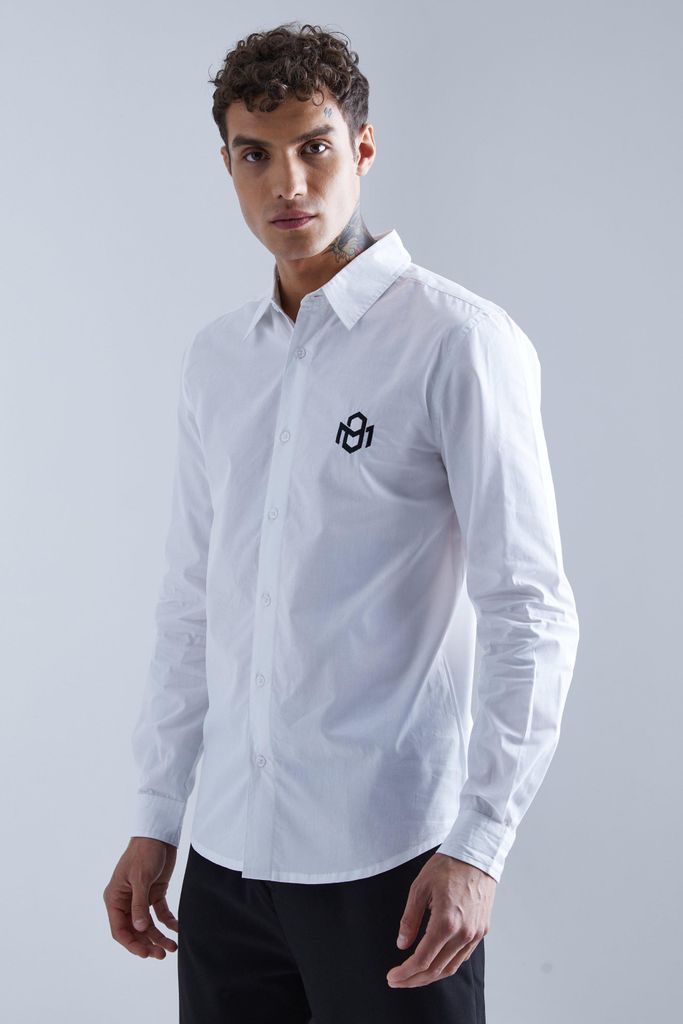 Men's Long Sleeve Poplin Mini Chest Embroidery Shirt - White - S, White