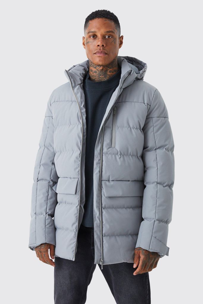 Men's Longline Quilted Puffer With Hood - Grey - S, Grey