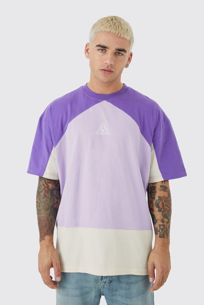 Men's Oversized Branded Colour Block T-Shirt - Purple - S, Purple