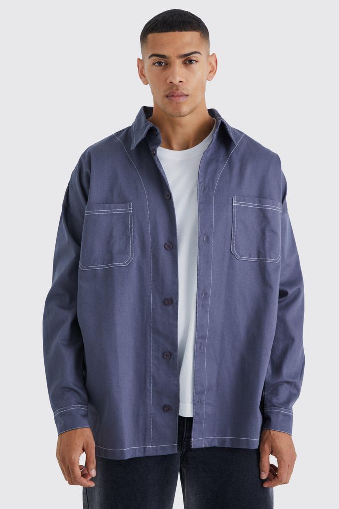 Men's Oversized Contrast Stitch Twill Overshirt - Grey - S, Grey