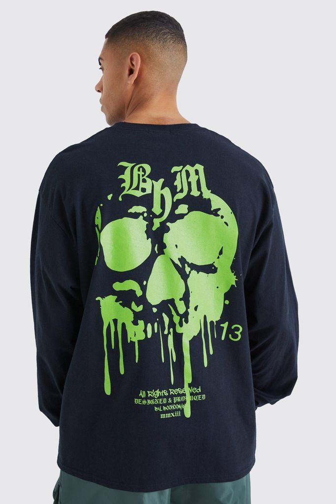 Men's Oversized Long Sleeve Skull Graphic T-Shirt - Black - S, Black