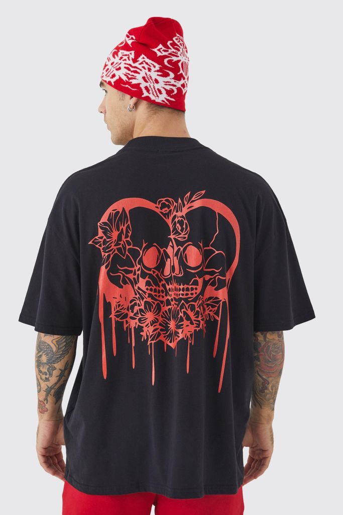 Men's Oversized Skull Heart Graphic Ex T-Shirt - Black - S, Black