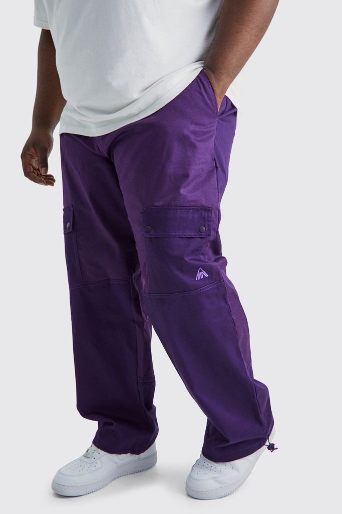 Men's Plus Relaxed Fit Colour Block Tonal Branded Cargo Trouser - Purple - 38, Purple