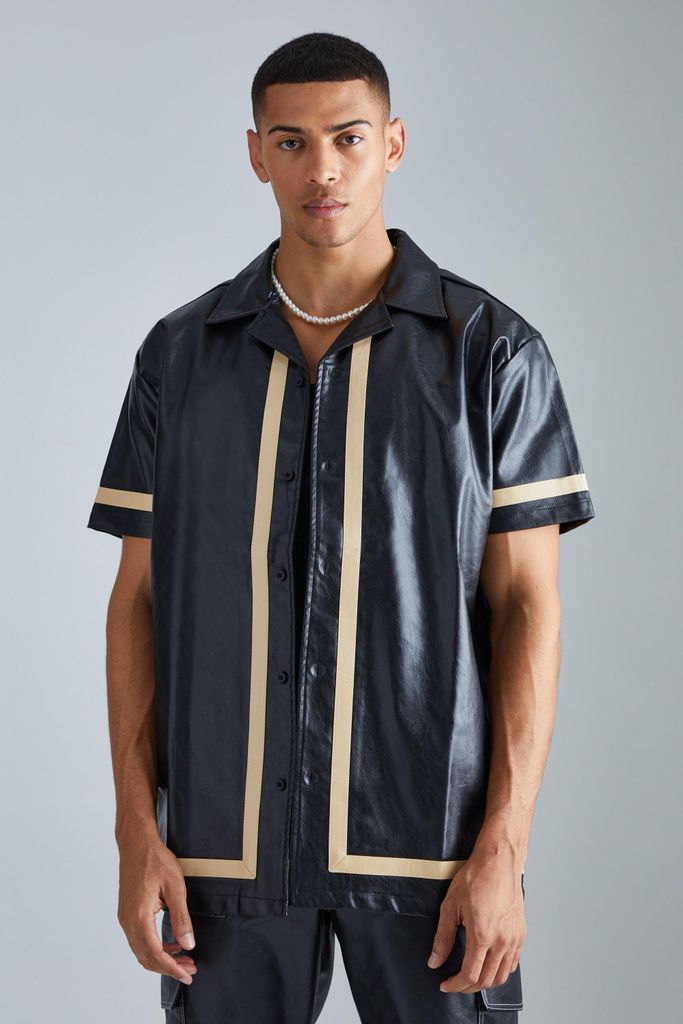 Men's Short Sleeve Oversized Pu Border Shirt - Black - S, Black