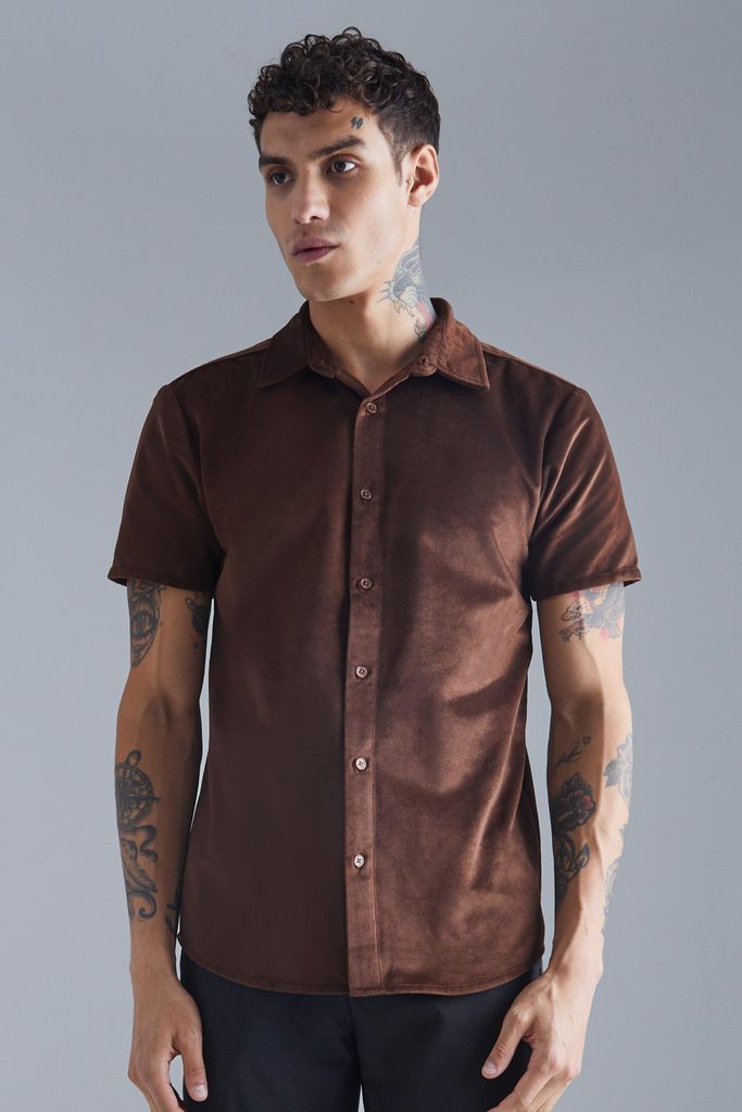 Men's Short Sleeve Velour Shirt - Brown - S, Brown