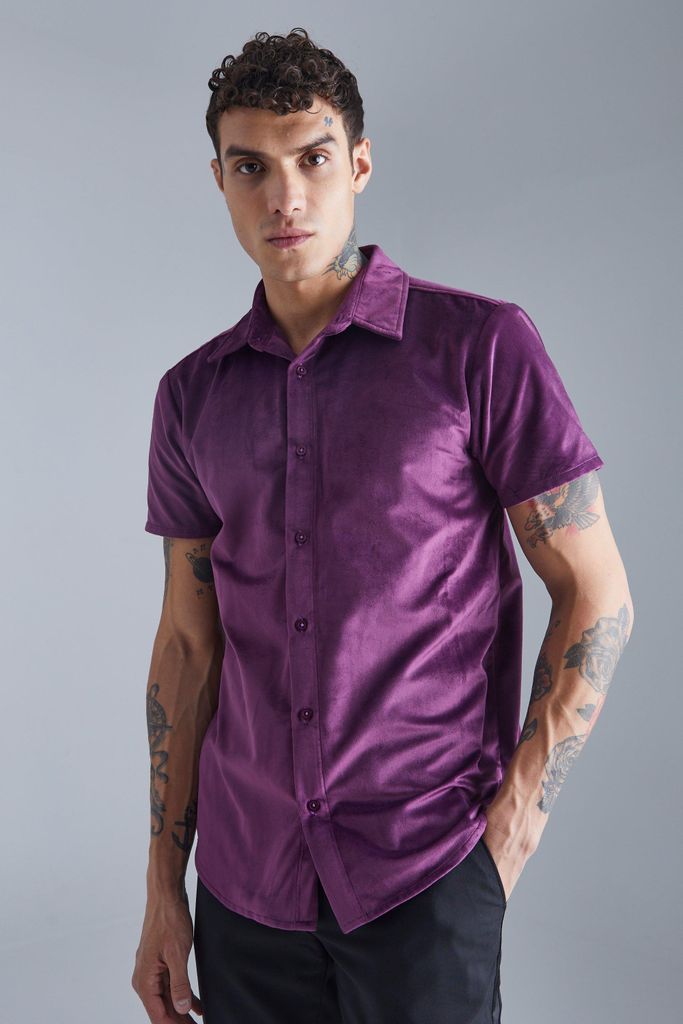 Men's Short Sleeve Velour Shirt - Purple - S, Purple