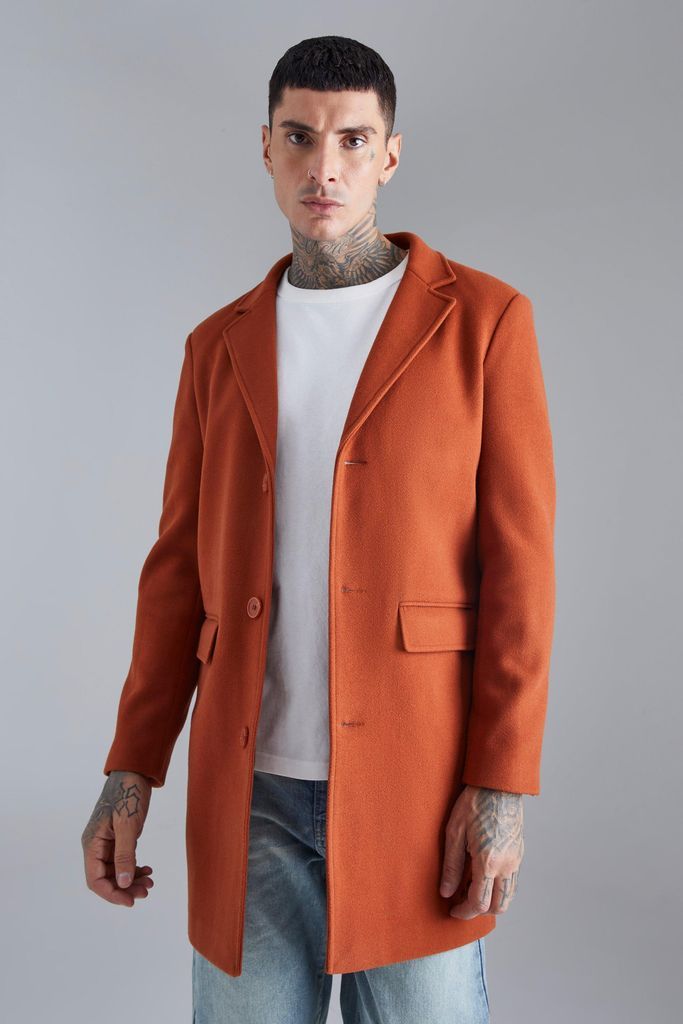 Men's Single Breasted Wool Mix Overcoat - Orange - S, Orange