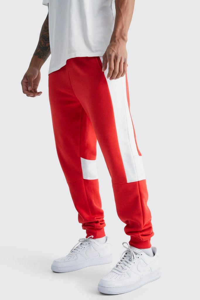 Men's Slim Fit Colour Block Panel Jogger - Red - S, Red