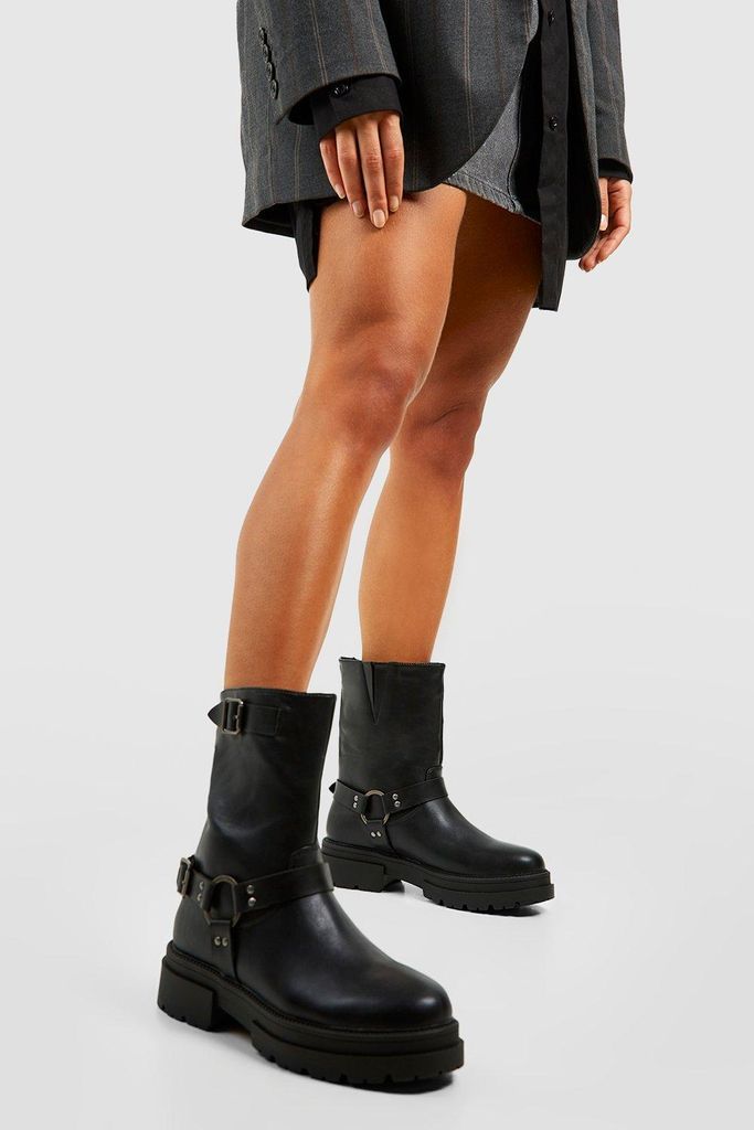 Womens Buckle Detail Chunky Calf High Biker Boots - Black - 3, Black