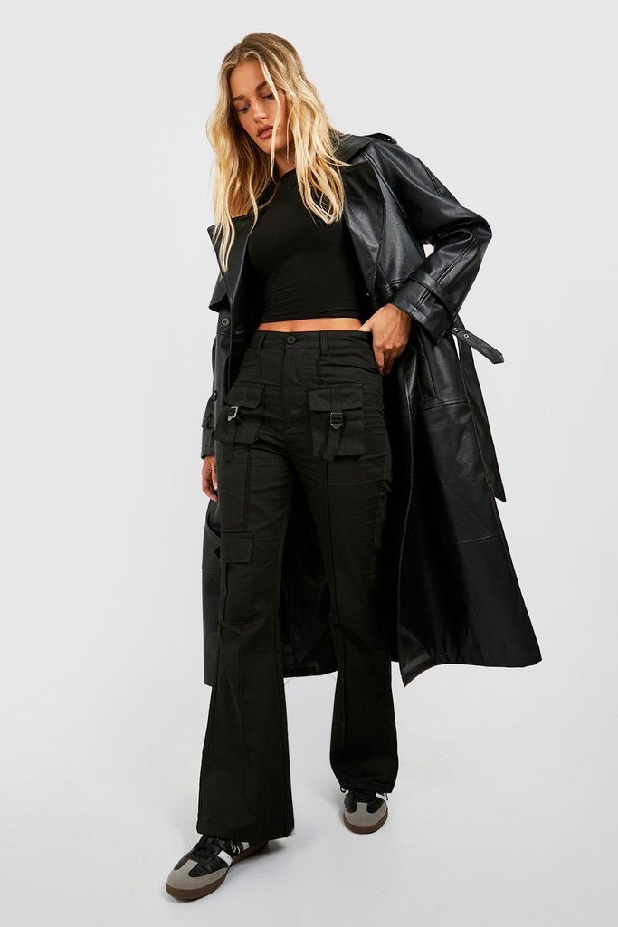 Womens Mid Rise Multi Cargo Pocket Flared Trousers - Black - 6, Black