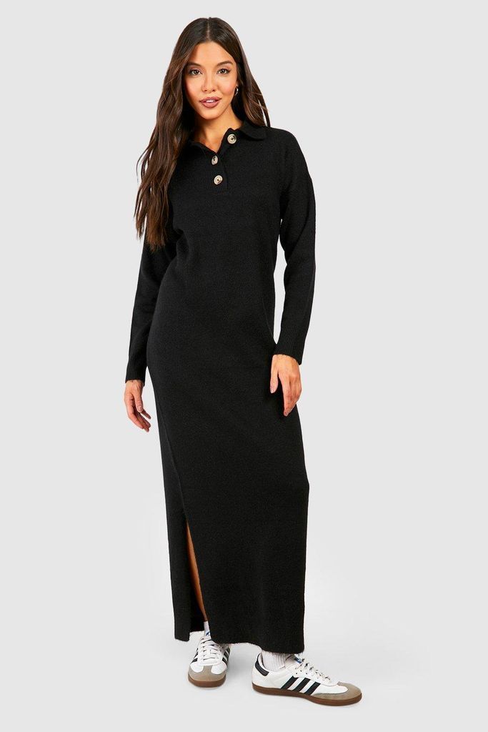 Womens Polo Button Collar Knitted Maxi Dress - Black - 8, Black