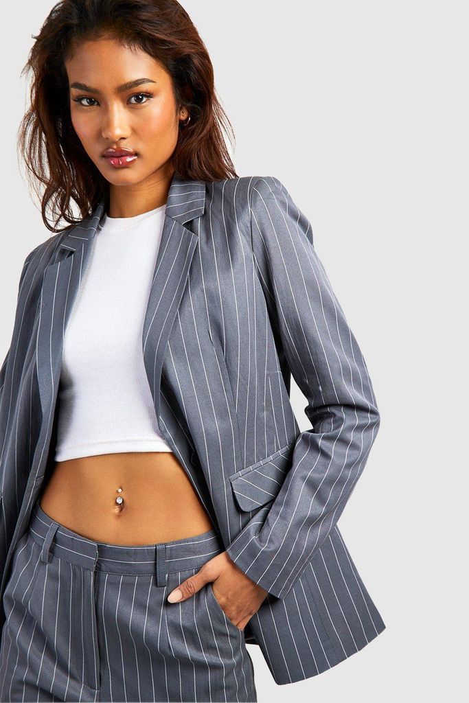 Womens Tall Pinstripe Single Breasted Relaxed Blazer - Grey - 6, Grey