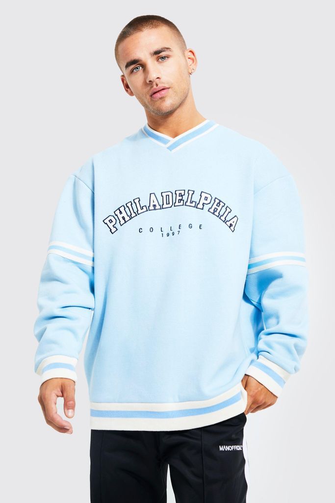 Men's Oversized V-Neck Varsity Graphic Sweatshirt - Blue - S, Blue