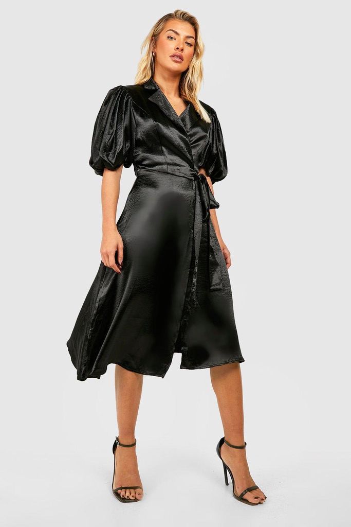 Womens Satin Puff Sleeve Wrap Midi Dress - Black - 8, Black