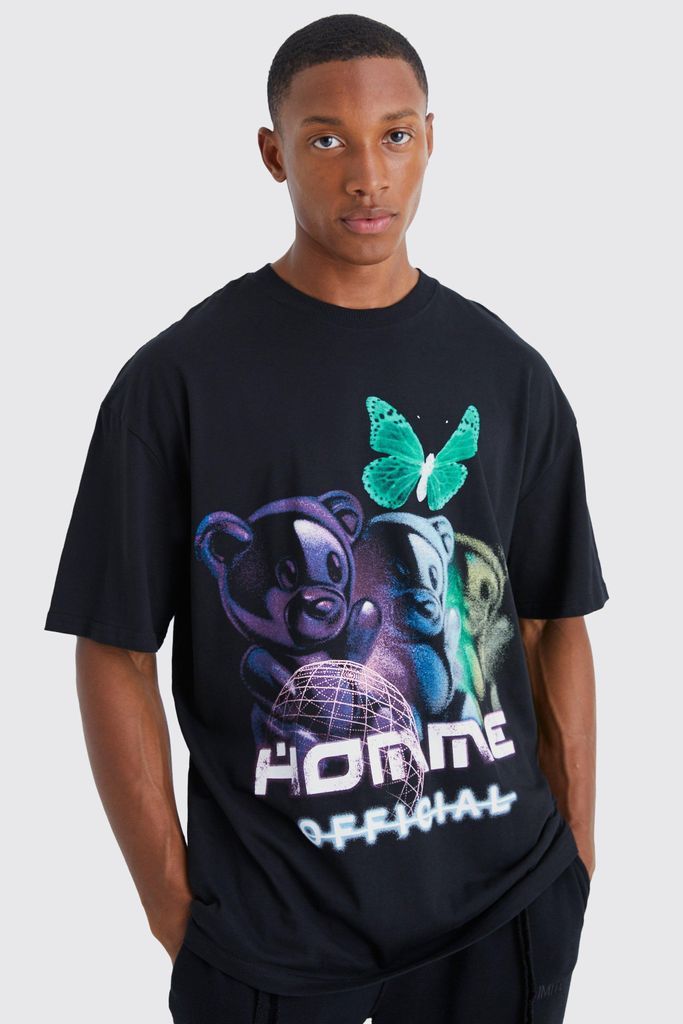 Men's Oversized Teddy Butterfly Graphic T-Shirt - Black - S, Black