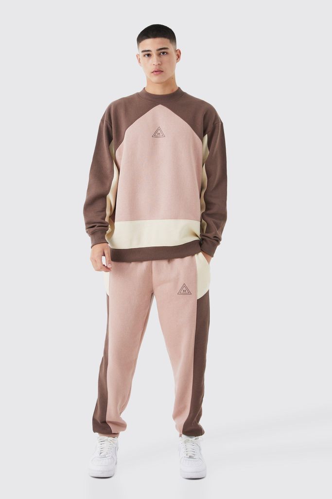 Men's Oversized Extended Neck Colour Block Sweatshirt Tracksuit - Brown - S, Brown