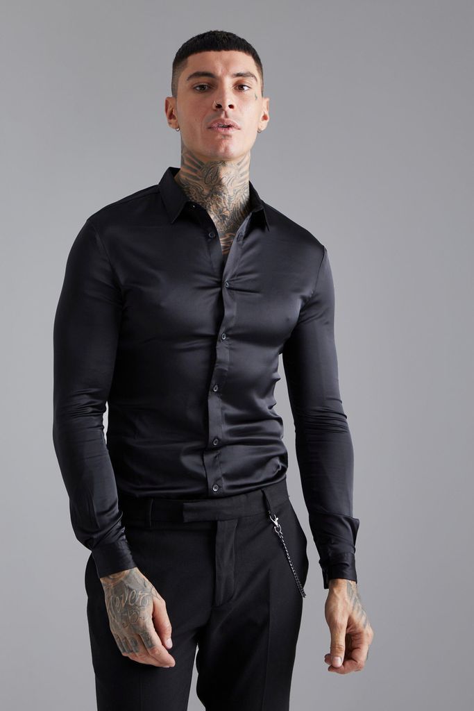 Men's Long Sleeve Muscle Satin Shirt - Black - M, Black