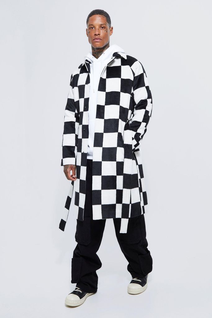 Men's Wool Look Checker Single Breasted Overcoat - Black - S, Black