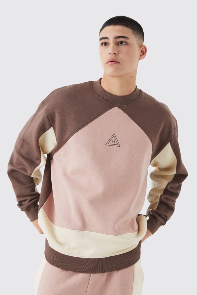 Men's Oversized Extended Neck Branded Colour Block Sweatshirt - Brown - S, Brown
