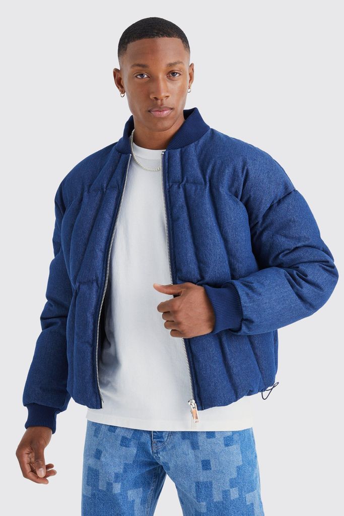 Men's Boxy Fit Denim Puffer Jacket With Bomber Neck - Blue - S, Blue