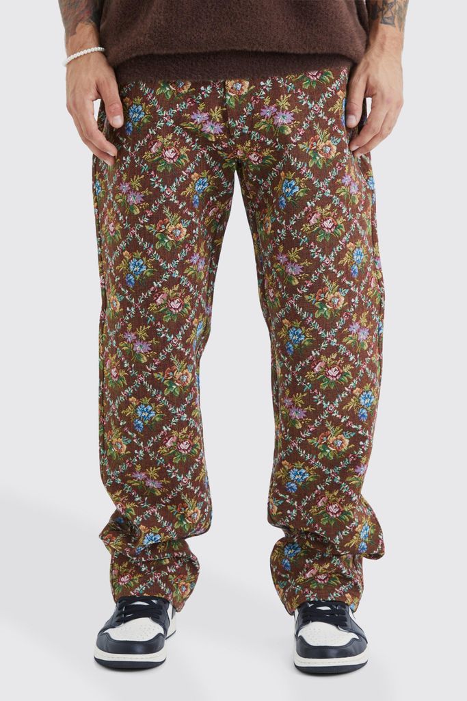 Men's Fixed Waist Floral Tapestry Trouser - Brown - 28, Brown