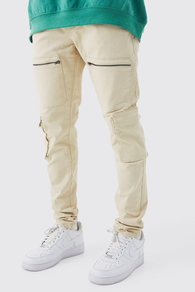 Men's Fixed Waist Skinny Multi Zip Cargo Trouser - Beige - 28, Beige