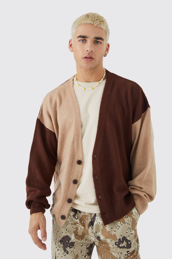 Men's Oversized Boxy Spliced Brushed Cardigan - Brown - S, Brown