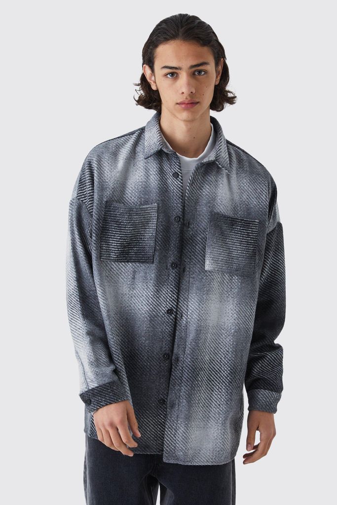 Men's Oversized Button Up Ombre Check Overshirt - Black - S, Black