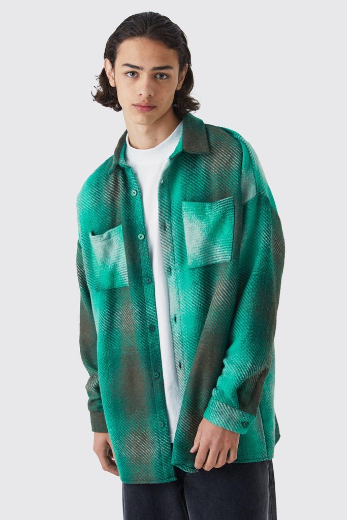 Men's Oversized Button Up Ombre Check Overshirt - Green - S, Green