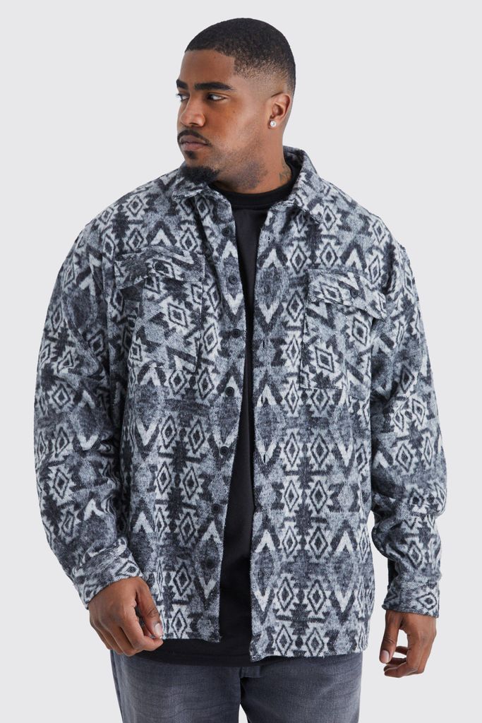 Men's Plus Longsleeve Oversized Aztec Overshirt - Grey - Xxxl, Grey