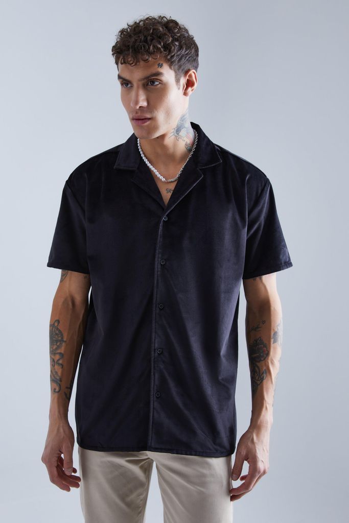 Men's Short Sleeve Oversized Velour Shirt - Black - S, Black