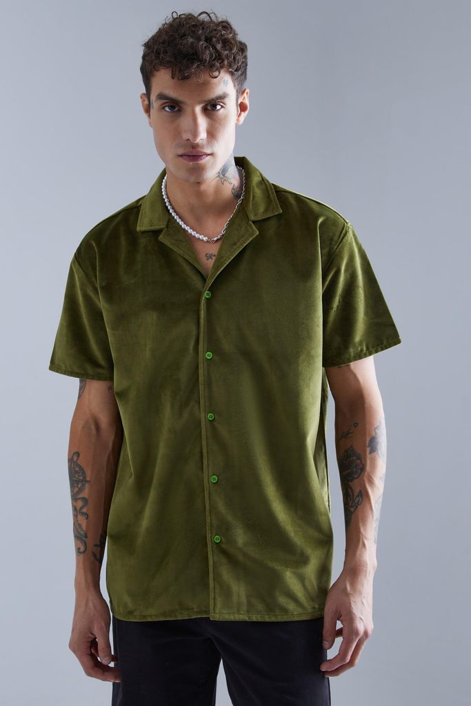 Men's Short Sleeve Oversized Velour Shirt - Green - S, Green