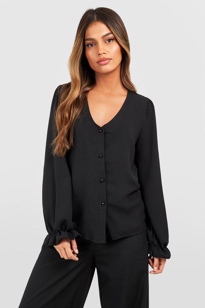 Womens Hammered Puff Sleeve Button Front Blouse - Black - 6, Black