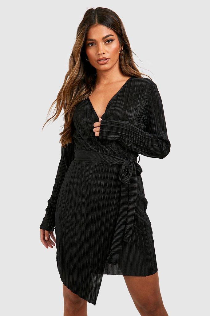 Womens Plisse Wrap Mini Dress - Black - 8, Black