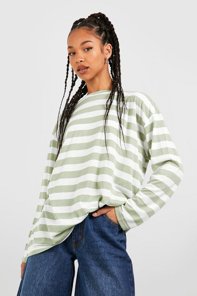 Womens Tall Wide Stripe Oversized Long Sleeve T-Shirt - Green - 6, Green