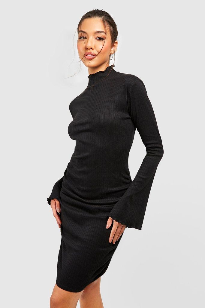 Womens Wide Rib High Neck Ruched Mini Dress - Black - 8, Black