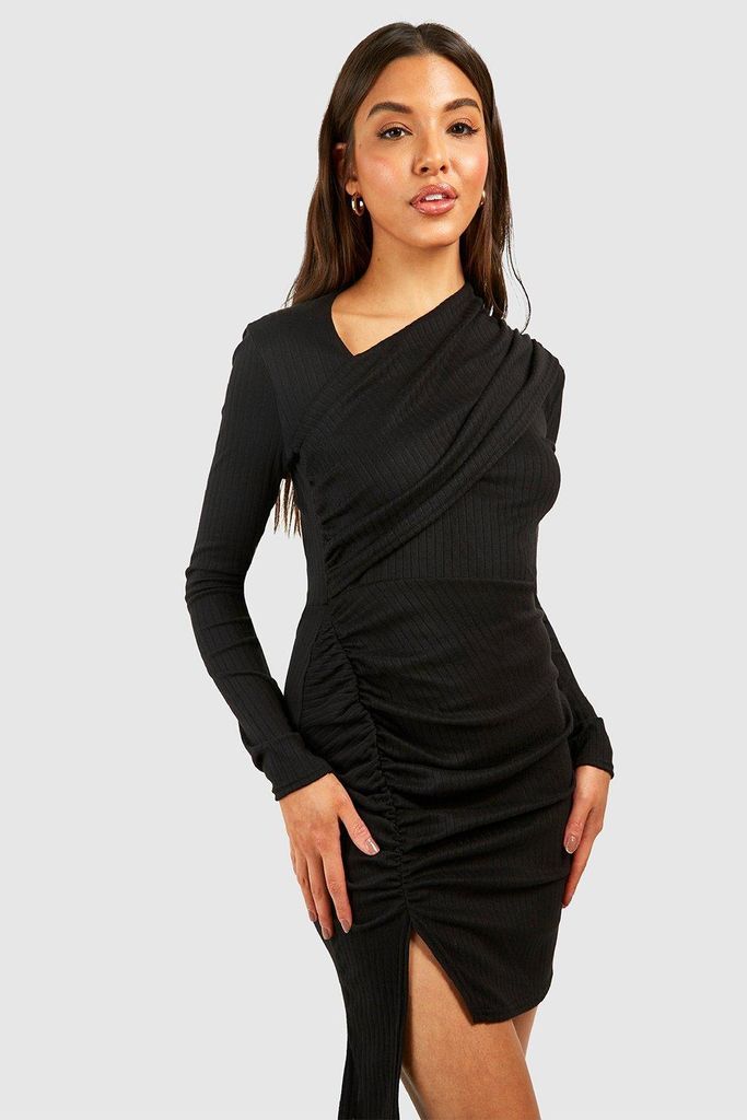 Womens Wide Rib Ruched Mini Dress - Black - 8, Black