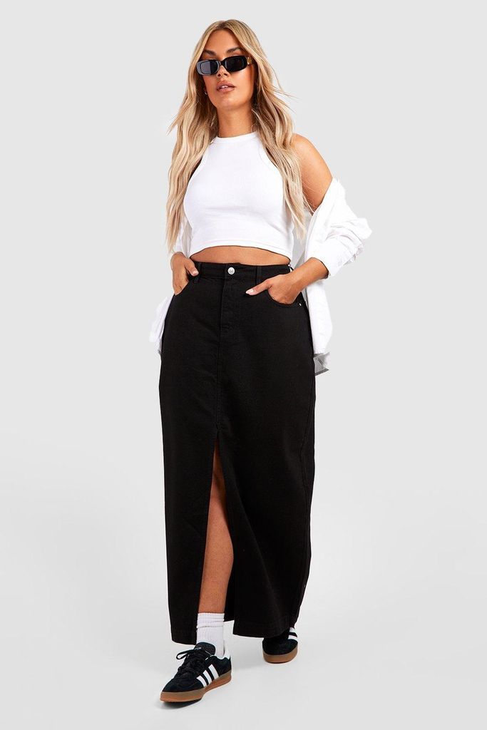 Womens Plus Basic Split Front Denim Maxi Skirt - Black - 16, Black
