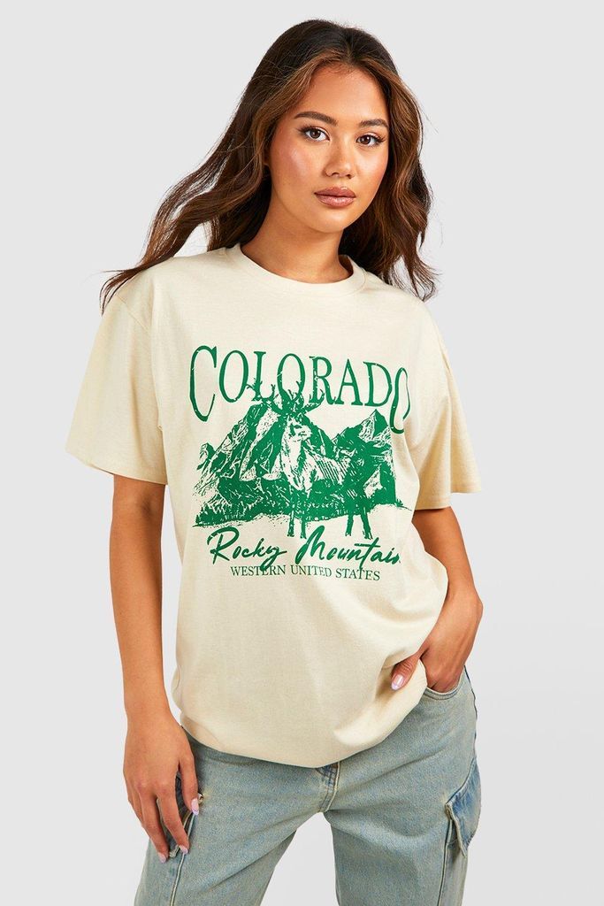 Womens Oversized Colorado Print T-Shirt - Beige - L, Beige