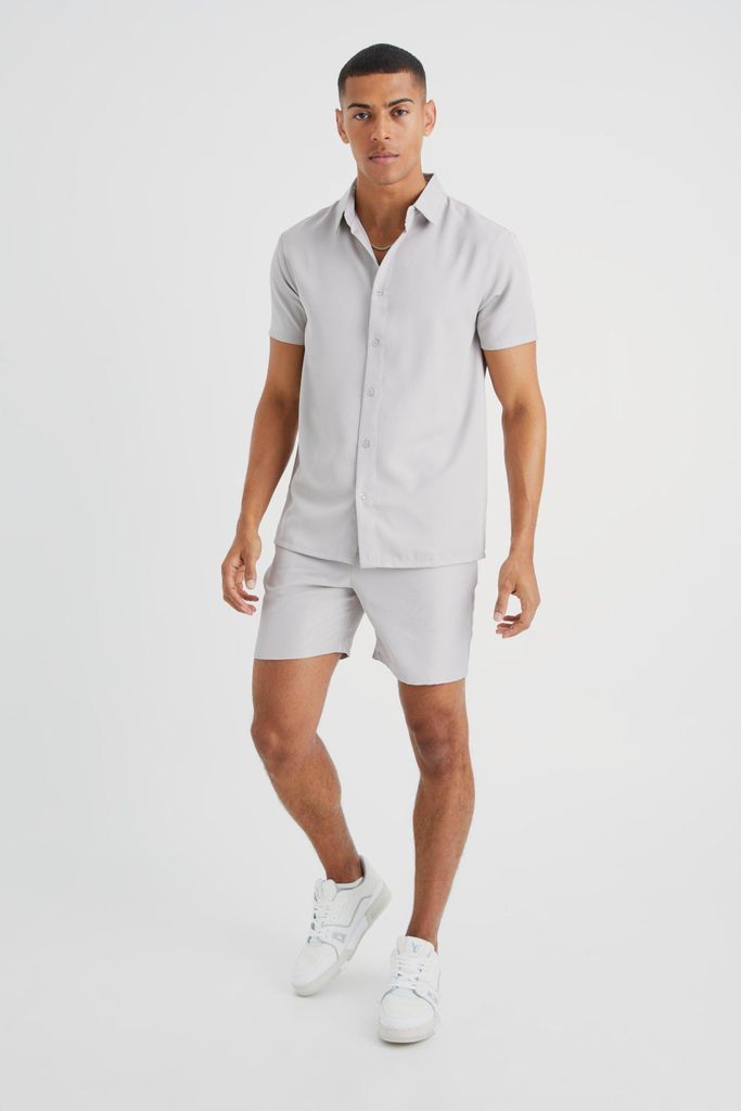 Men's Short Sleeve Soft Twill Smart Shirt & Short - Grey - S, Grey