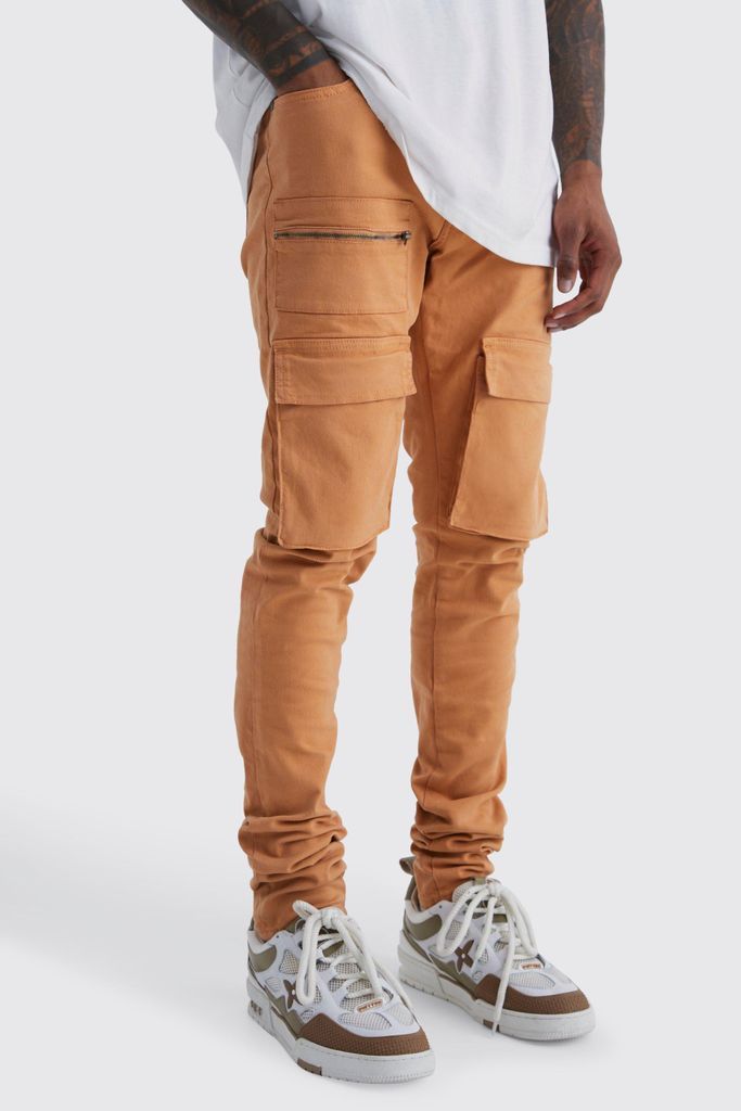 Men's Fixed Waist Skinny Stacked Zip Cargo Trouser - Orange - 28, Orange