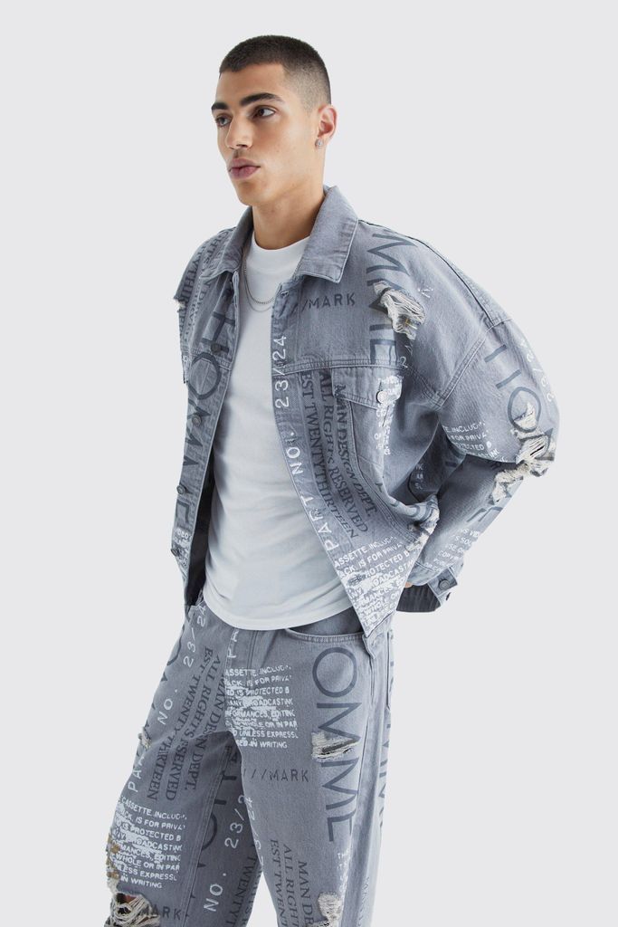 Men's Oversized All Over Print Distressed Denim Jacket - Grey - S, Grey