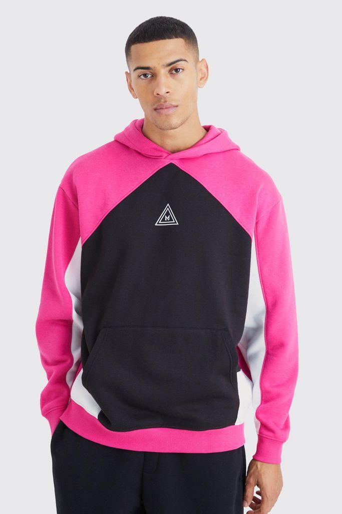 Men's Oversized Branded Colour Block Hoodie - Pink - S, Pink