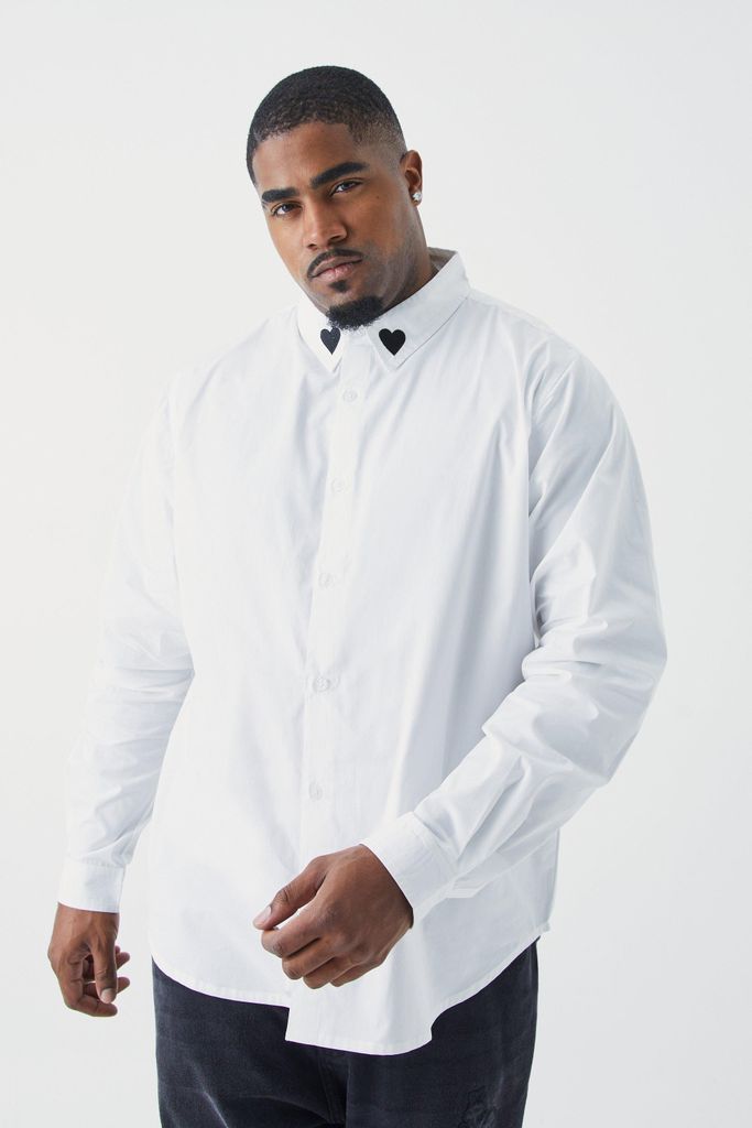 Men's Plus Poplin Heart Embroidered Collar Shirt - White - Xxxl, White