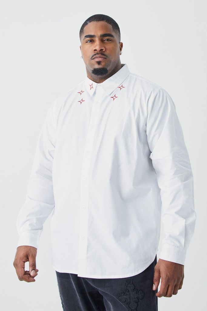Men's Plus Poplin Multi Embroidered Collar Shirt - White - Xxxl, White