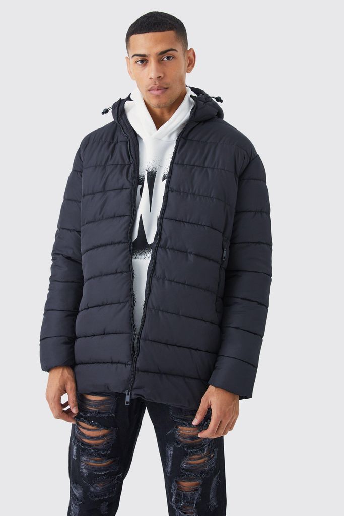 Men's Quilted Longline Puffer With Hood - Black - S, Black